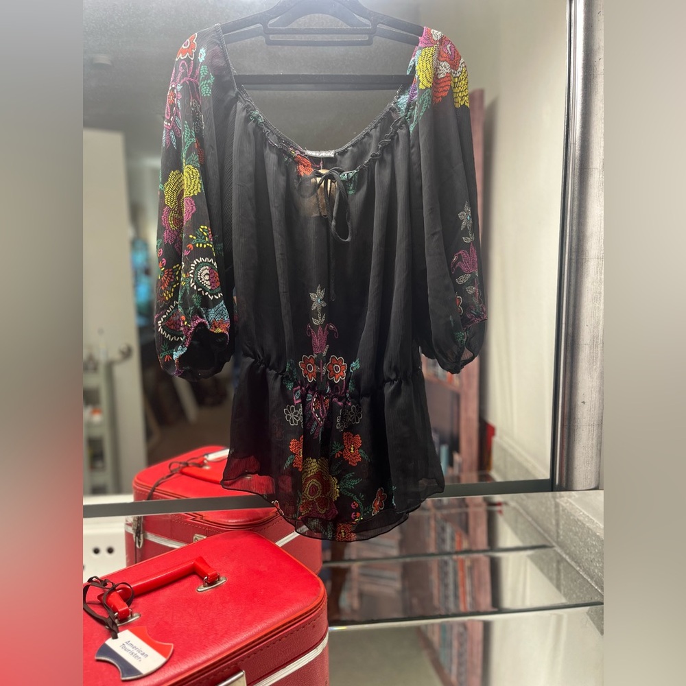 Y2K Wet Seal Black Blouse with Colorful Floral Design